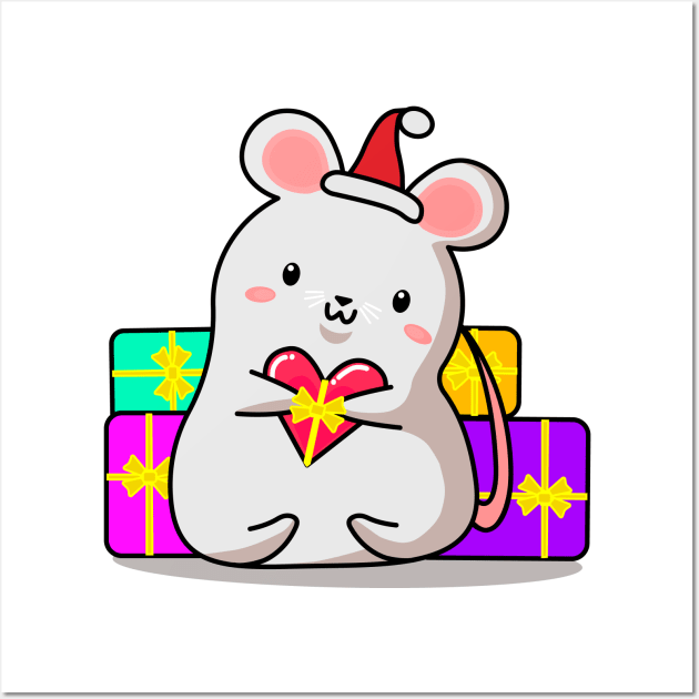 mouse with gifts, Christmas, new year, kawaii style. Wall Art by SK1X